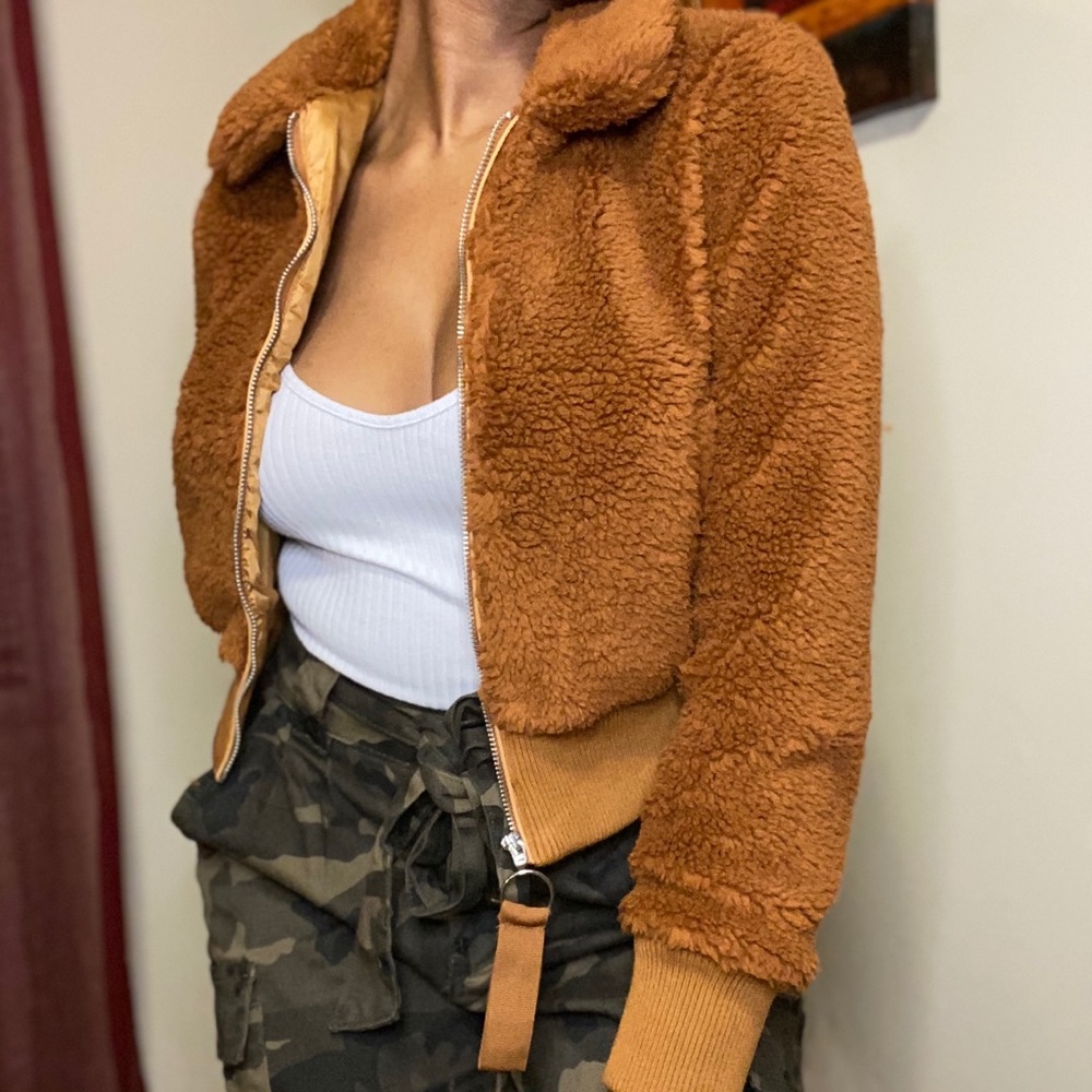 Brown Faux Fur Cropped Zip Up Jacket